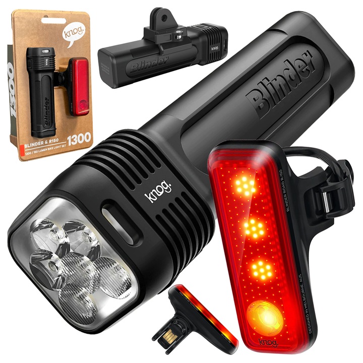 Knog Blinder Pro 1300 USB-C + R-150 kerékpárlámpa szett, 1300 lm, 150 lm, fekete, méretek 110x32x32mm, 51x44x77mm