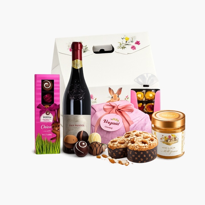 Pachet cadou Villa Guelfa, Gran Passione Vergani, vin rosu 750 ml, praline, panettone 500 g, multicolor