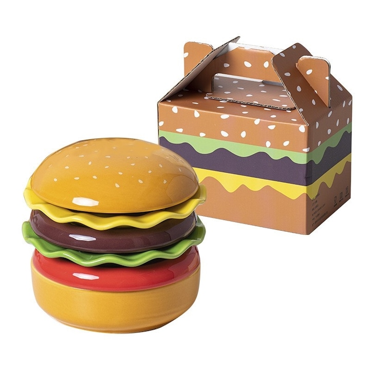 Set Farfurii Ceramice sub Forma de Burger, din Ceramica, pentru Sosuri si Gustari, Mini Farfurii Stivuibile, Multicolor