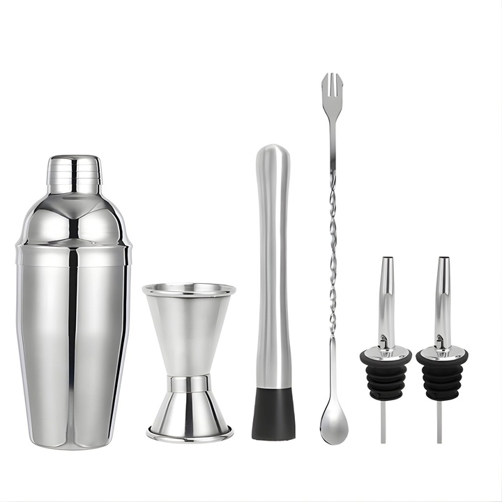 Set Barman Preparare Cocktail, Flippy, 6 Piese, Inox, Argintiu, Kit Accesorii Bar si Mixologie: Shaker750ml, Masura dubla, Pistil, Lingura barman, 2 Picuratoare
