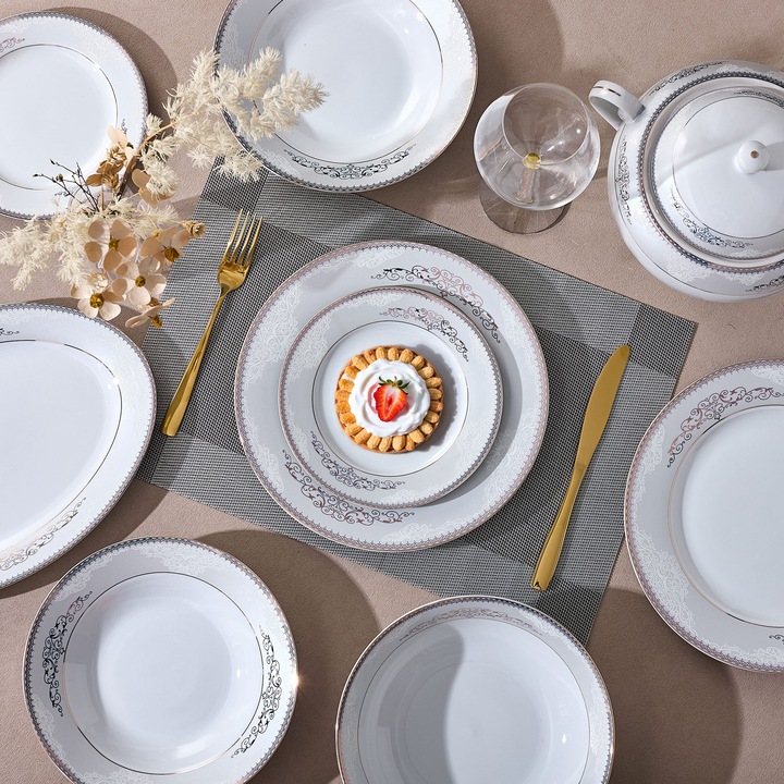 Serviciu de Masa 6 persoane Silver & Gold Filigree din Portelan Premium, 30 piese, Design Baroc Bicolor