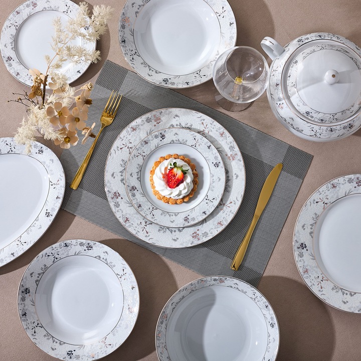 Serviciu de Masa 6 persoane Golden Blossom din Portelan Premium, 30 piese, Design Floral Bogat cu Detalii Aurii