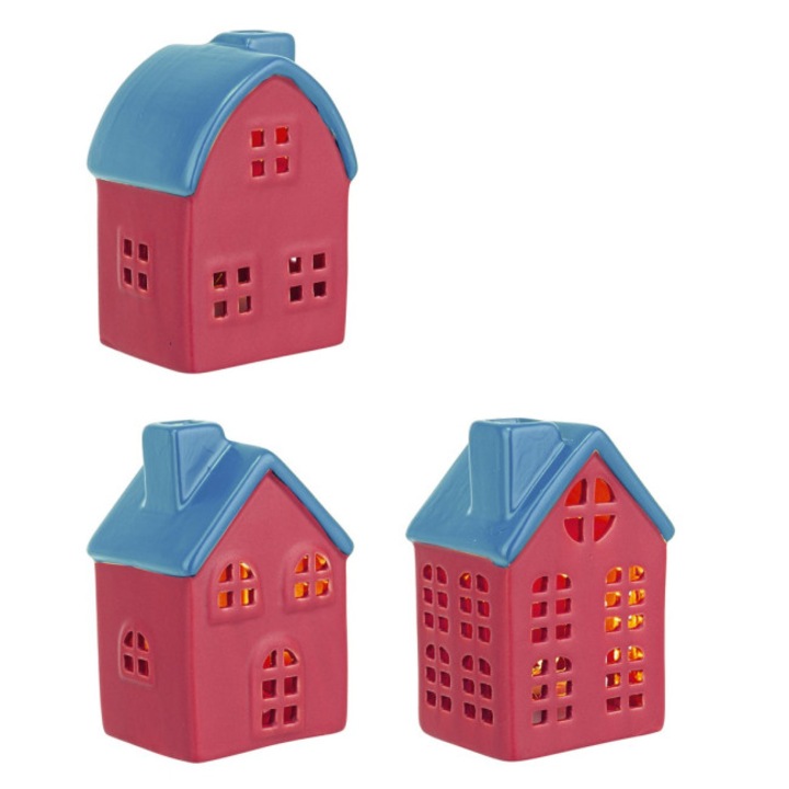 Комплект от 3 декоративни къщички от порцелан, червено-синьо с LED, 6,2x5,2x9,2h