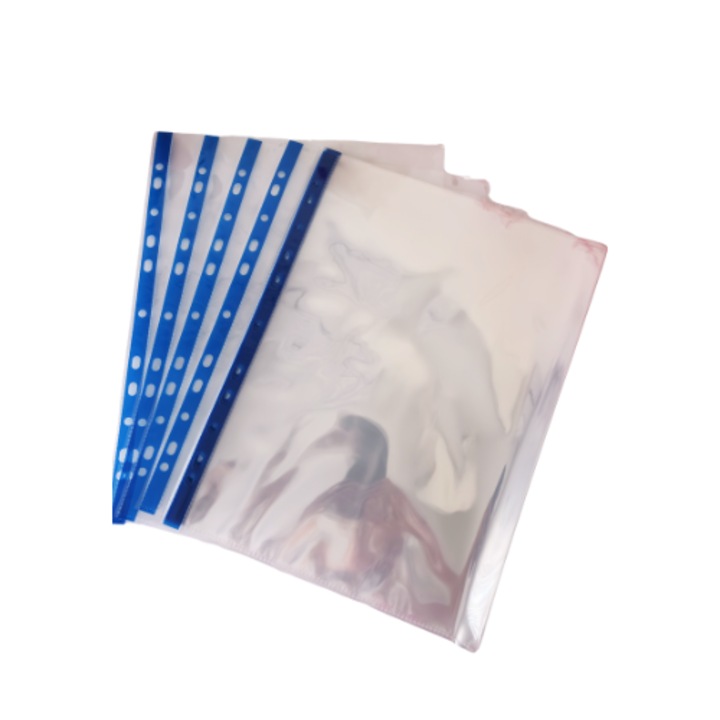 Folii protectie A4 cu margine albastra, 90 microni,100 file/ set – organizare rapida si protectie sigura