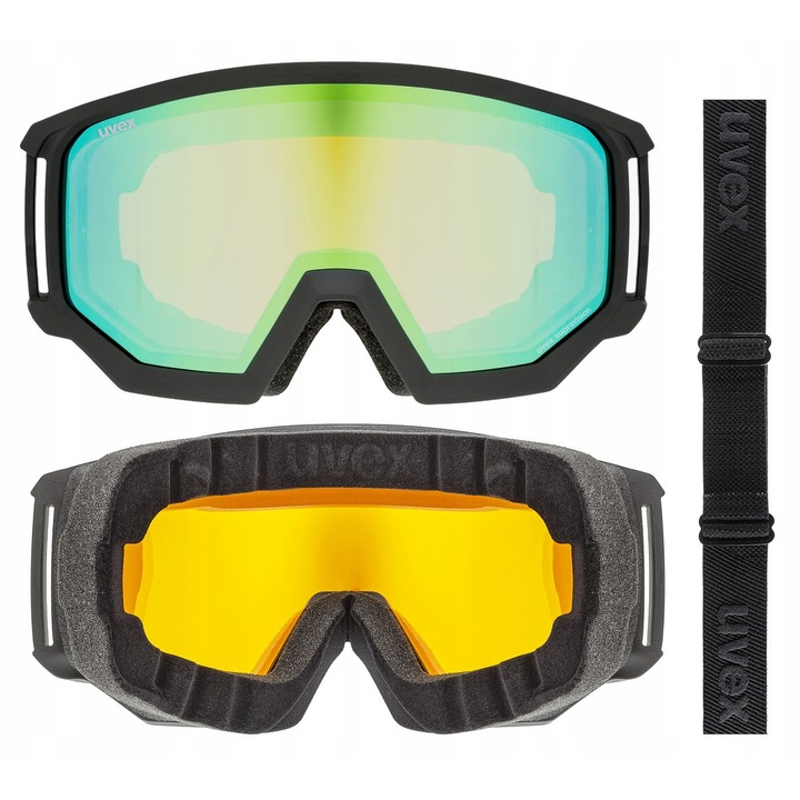 Gogle narciarskie Uvex Athletic FM, negru mat cu oglinda verde, OTG, protectie UV, dimensiune unisex