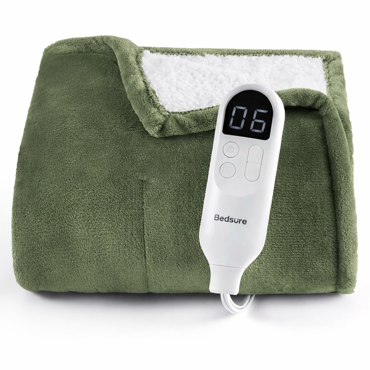 Patură electrică Bedsure, 180x200 cm, verde, 6 trepte temperatură, oprire automată