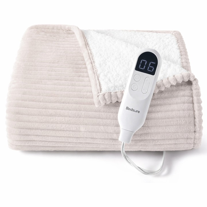 Patură electrică Bedsure, 180x200cm, fleece, 6 trepte, culoare naturală