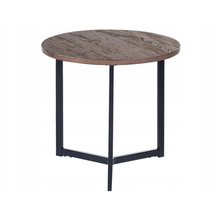Кръгла маса от дърво и метал, модерен дизайн, стабилна, тъмен цвят на дървото, малки размери