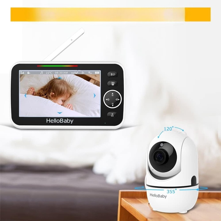 Monitor video pentru bebelusi Hello Baby, 5", rotativ, HD, cu doua cai audio, functie de monitorizare a temperaturii