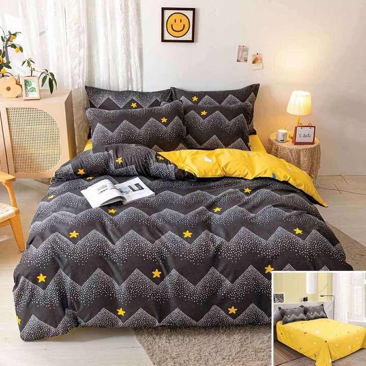 Lenjerie de pat, 2 persoane, bumbac satinat, 4 piese, cu imprimeu, LSN4668