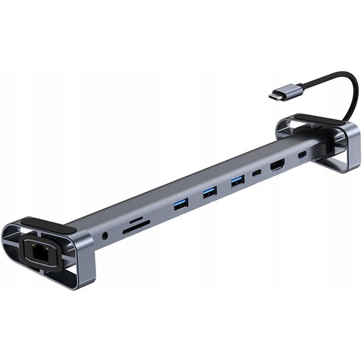 Hub USB-C 10 in 1, 4K, 3 porturi USB 3.0, 1x audio 3,5mm, 1x Gigabit Ethernet, 1x slot SD/TF, gri