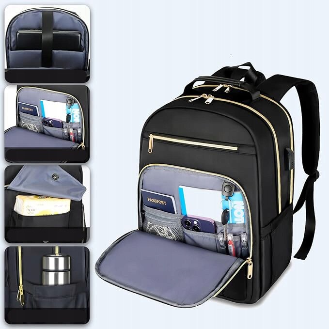 Rucsac pentru laptop, 18 compartimente, port USB, negru, 44,5x32x20cm