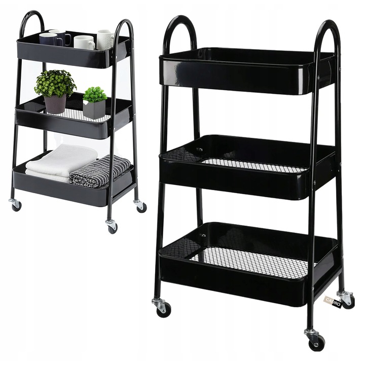 Подвижна количка на колела, Cadro, 3 нива, метална, черна, 44x31,5x79,5см