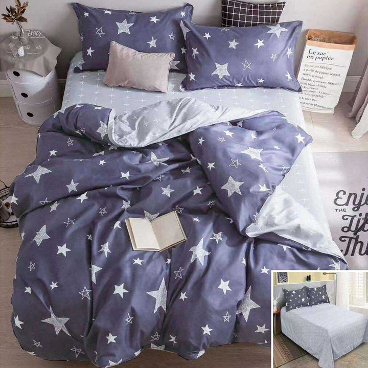 Lenjerie de pat, 2 persoane, bumbac satinat, 4 piese, cu imprimeu, LSN4087