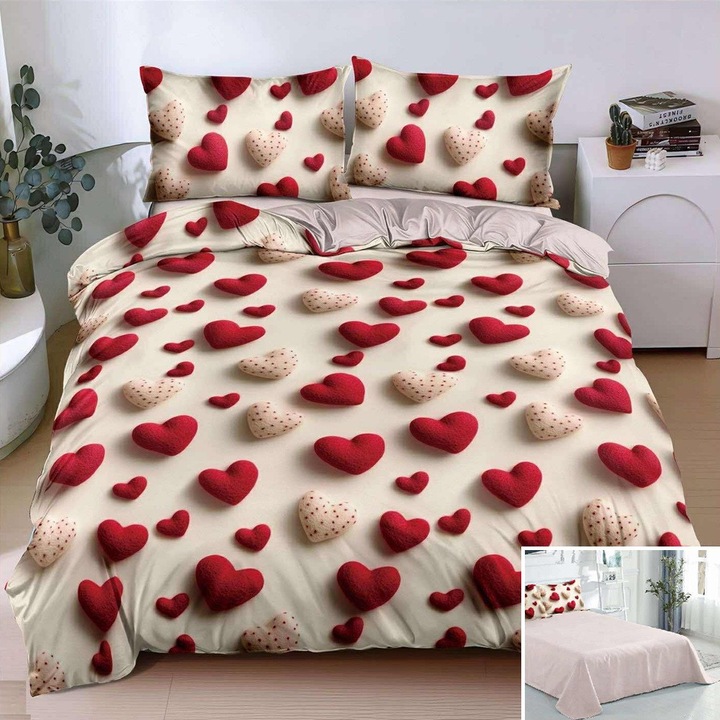 Lenjerie de pat, 2 persoane, bumbac satinat, 4 piese, cu imprimeu, LSN4694