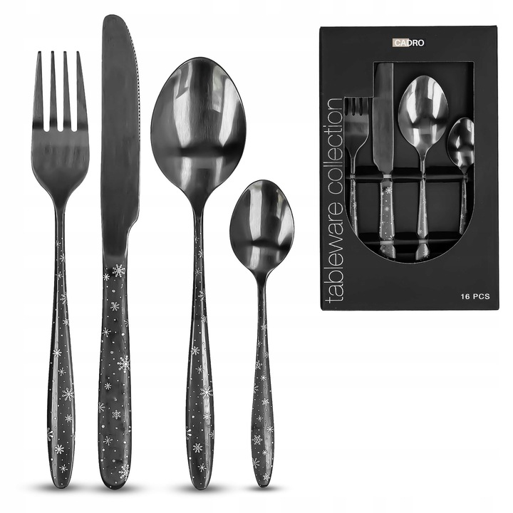 Комплект прибори за хранене за 4 души, Cadro, 16 части, черен цвят, от неръждаема стомана