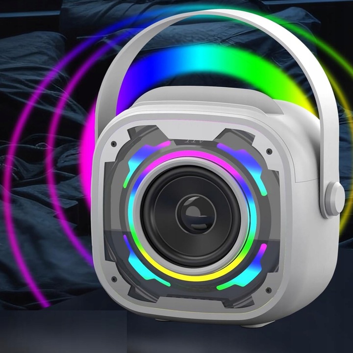 Комплект караоке 2 безжични микрофона с високоговорител, AMT, светлинни ефекти, бял