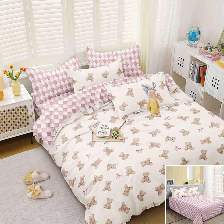 Lenjerie de pat, 2 persoane, bumbac satinat, 4 piese, cu imprimeu, LSN4677