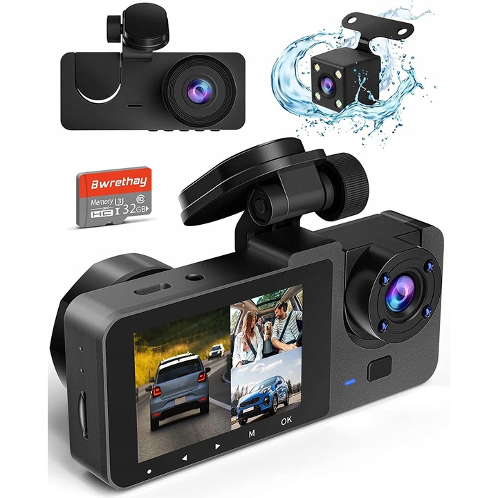 Autós kamera DVR 4K/2.5K, 3 az 1-ben, szuper éjjellátóval, 170° látószög, 32 GB SD kártya, 24 órás parkolási mód