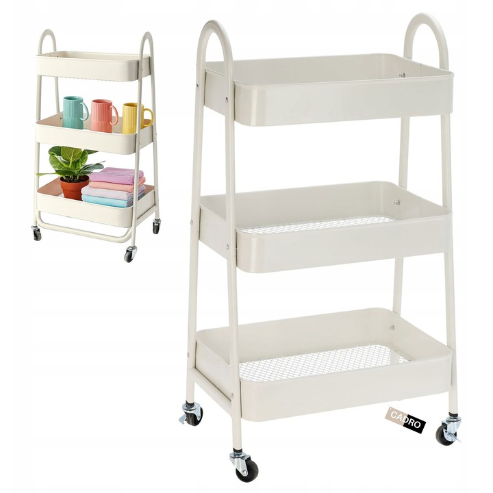 Мобилна количка на колела, Cadro, 3 нива, метална, кремава, 44x31,5x79,5см