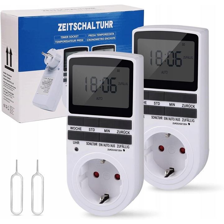 Programator timp priza, set 2 buc, digital, cu display LCD 5,7 cm, programare 7 zile, mecanic