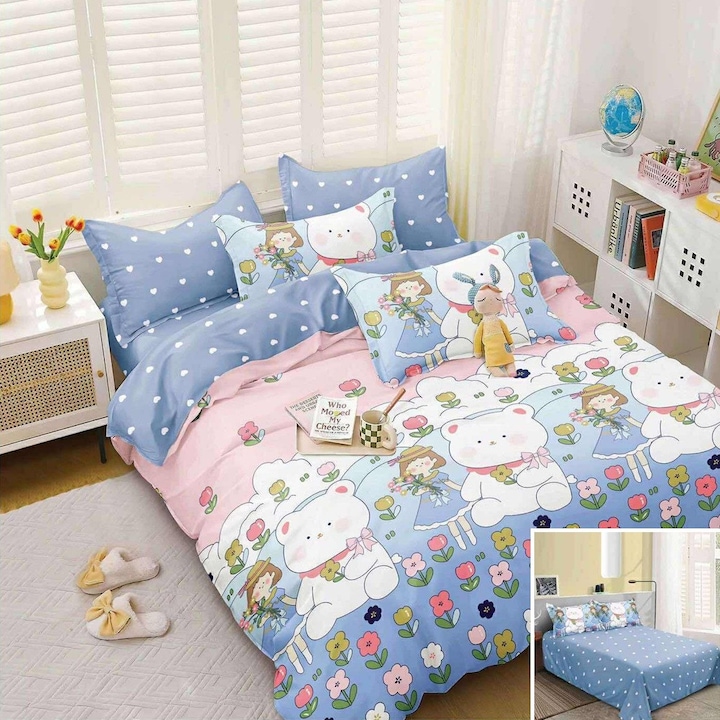 Lenjerie de pat, 2 persoane, bumbac satinat, 4 piese, cu imprimeu, LSN4680