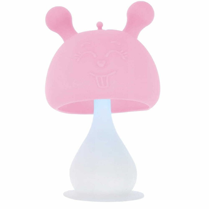 Jucarie dentitie Bocioland Ciupercuta, silicon moale, BPA Free, roz, 12cm