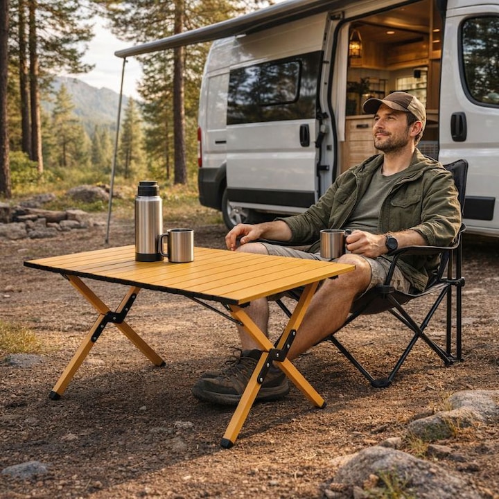 Сгъваема туристическа маса, с алуминиева рамка, GlowGoods, водоустойчива, за къмпинг, градина и пътувания, с противоплъзгащи крачета и чанта за носене, 59X88см, кафява