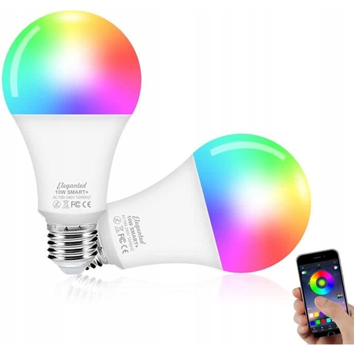 Set 4 becuri LED inteligente RGB WiFi, 10W, 2700K-6500K, E27, multicolor