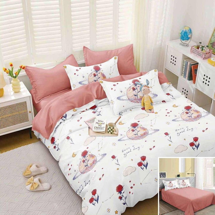 Lenjerie de pat, 2 persoane, bumbac satinat, 4 piese, cu imprimeu, LSN4685