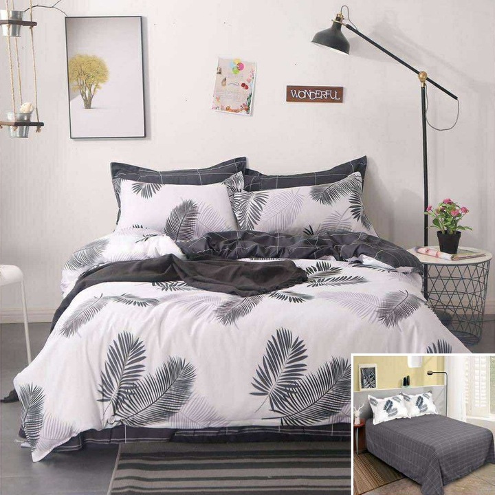 Lenjerie de pat, 2 persoane, bumbac satinat, 4 piese, cu imprimeu, LSN4253