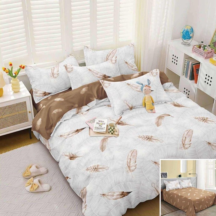 Lenjerie de pat, 2 persoane, bumbac satinat, 4 piese, cu imprimeu, LSN4675