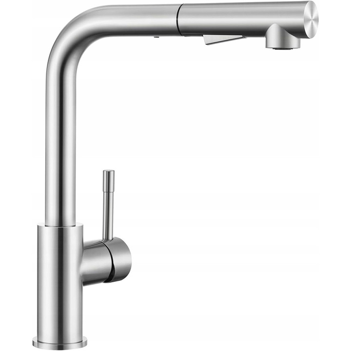 Szaniter csaptelep kihúzható zuhanyfejjel, L-design, 40cm, inox, 360°