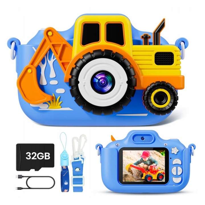 Aparat foto digital pentru copii, model excavator, 20MP, 1080p, 32GB, multicolor
