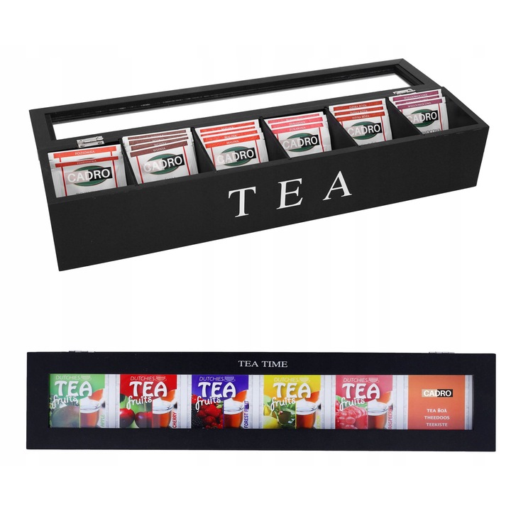 Кутия за чай Cadro, 6 отделения, черна, 43x9см