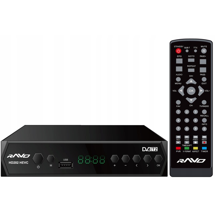 DVB-T2 декодер Ravo HD202, H.265/HEVC, 1000 канала, размери 168x90x35mm