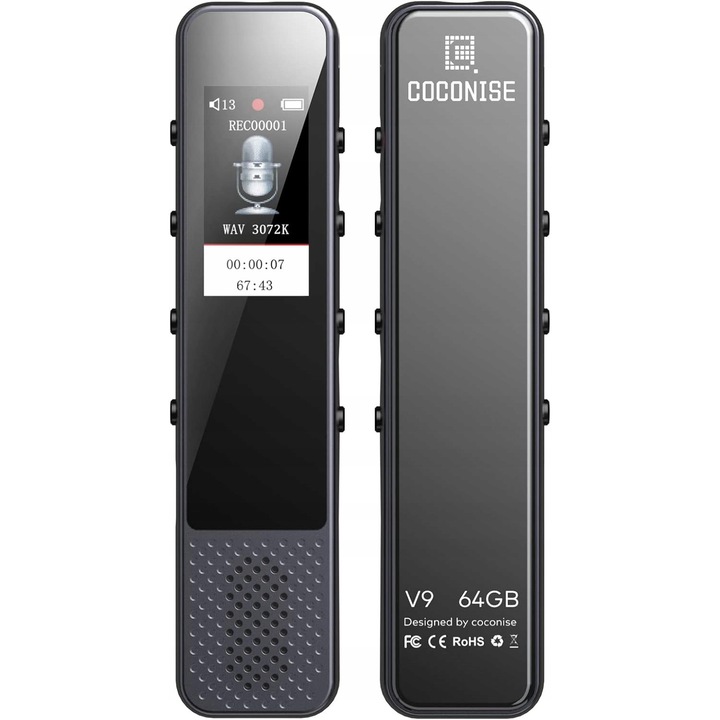 Digitális diktafon MP3 lejátszással, 32GB, hangra aktiválódó, fekete, miniatűr méret, teljes szett