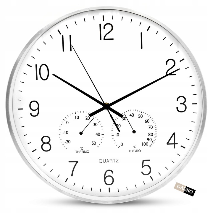 Декоративен часовник Cadro, 38 см, сребрист, с термометър и хигрометър, комплект