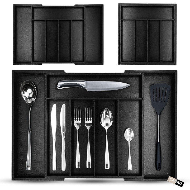 Органайзер за прибори Cadro, бамбук, 7 отделения, черен, 35-55x37x5см