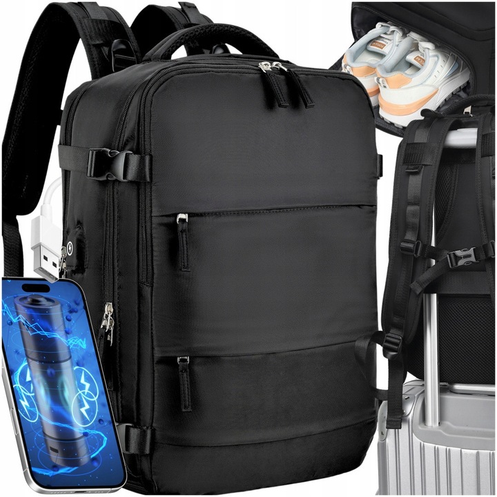 ASATO utazó hátizsák, mérete 40x25x20cm, laptoptartó rekesz, fekete színű, USB kábellel szettben