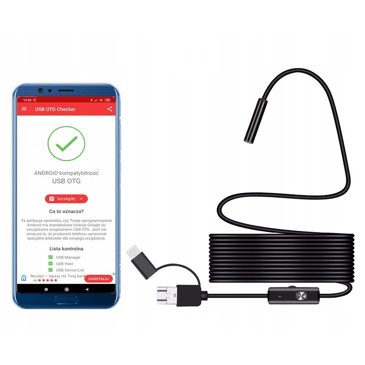 USB OTG ендоскопска камера 5м, 1080p, 8 LED диода, водоустойчива, комплект с 3 накрайника (магнит, кука, огледало)