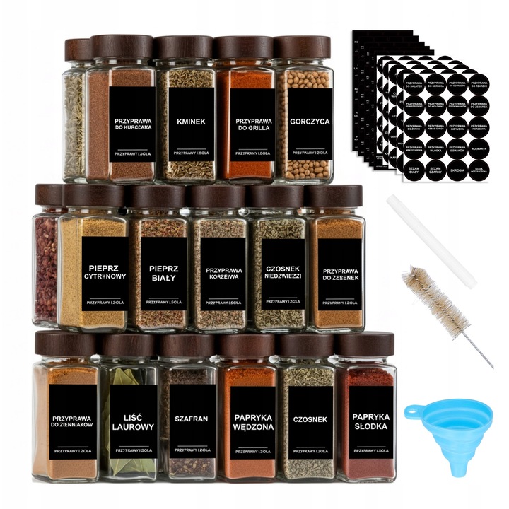 Комплект от 24 стъклени контейнера от 120 мл, капачки от акациево дърво, 240 етикета