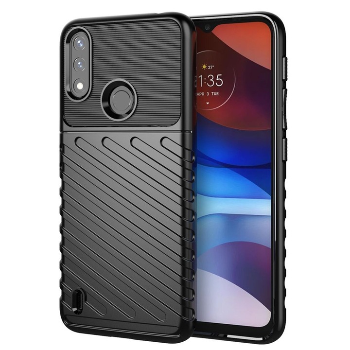 Husa Carbon Design, pentru Motorola Moto E7 Power, rezistenta la socuri, Shield Thunder, Negru