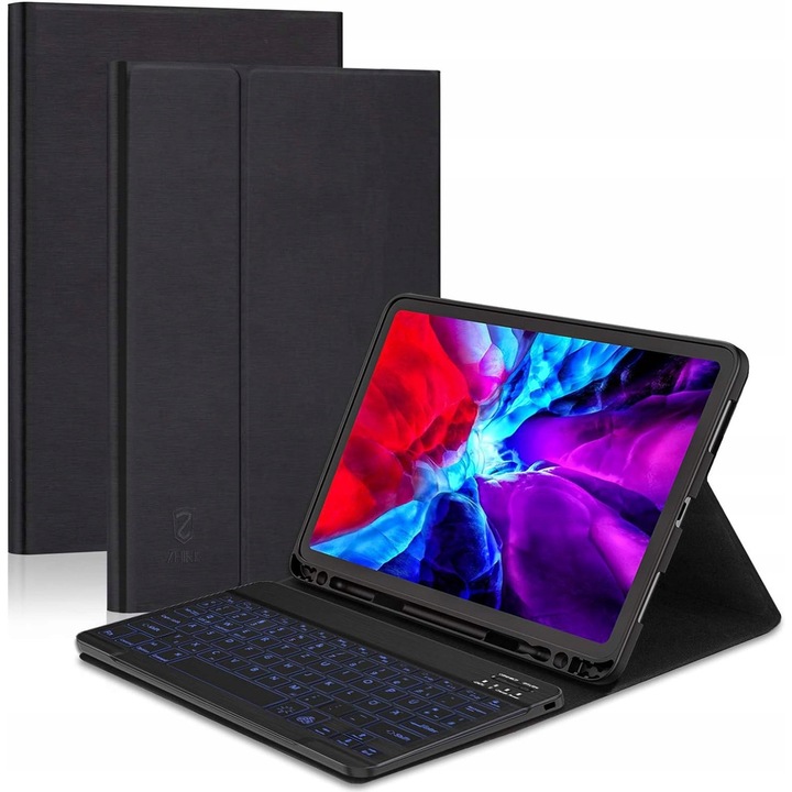 Husa pentru iPad Pro 11", cu tastatura QWERTY, suport pentru stilou, design ajustabil, culoare neagra