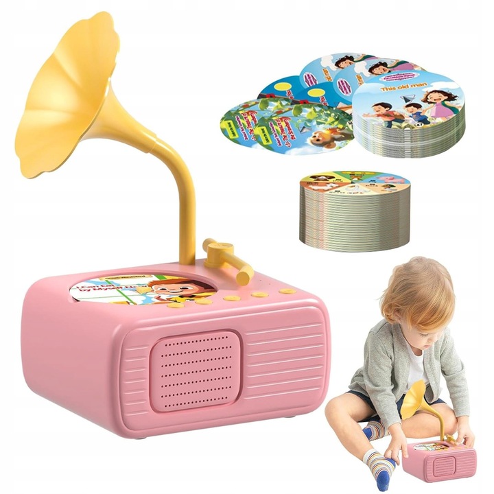 Образователен грамофон за деца, AMT, комплект с 96 цветни диска, ретро дизайн, 12x9,2x18см