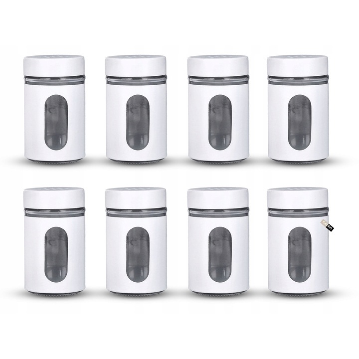 Set 8x recipienti condimente, Cadro, sticla, capac din otel inoxidabil, 4,5x4,5x8cm