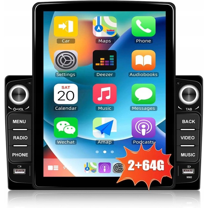 Radio auto Camecho 2 DIN 9.5'' Android 13, 2GB RAM, 64GB ROM, Wi-Fi, Carplay, Android Auto