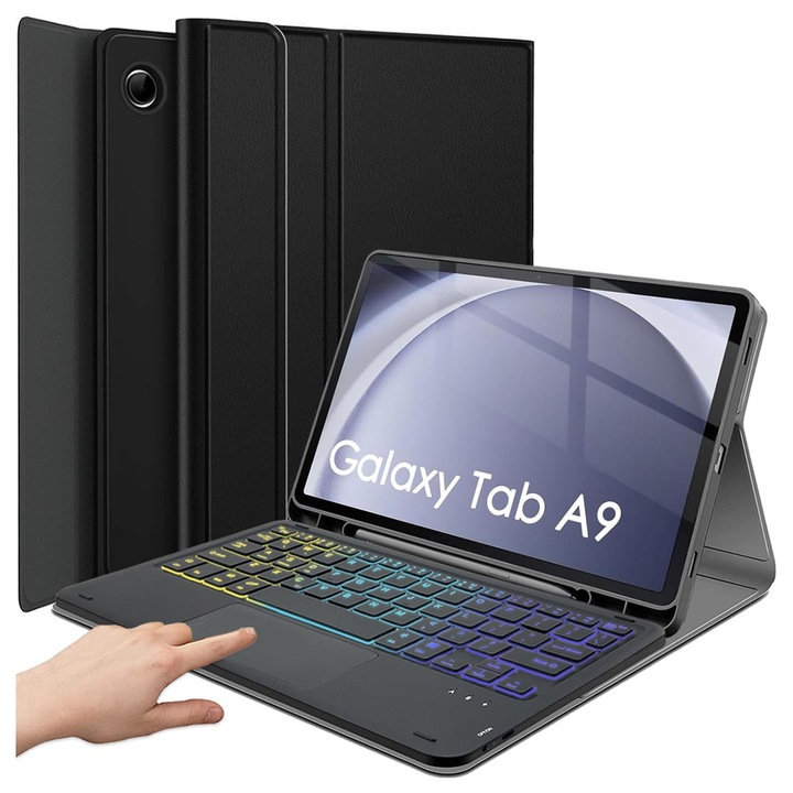 Husa cu tastatura, Supero, compatibila Samsung Galaxy Tab A9 SM-X115, tastatura wireless Bluetooth, iluminare RGB, functie suport, montare/demontare usoara, cod producator 5903814649821, culoare negru