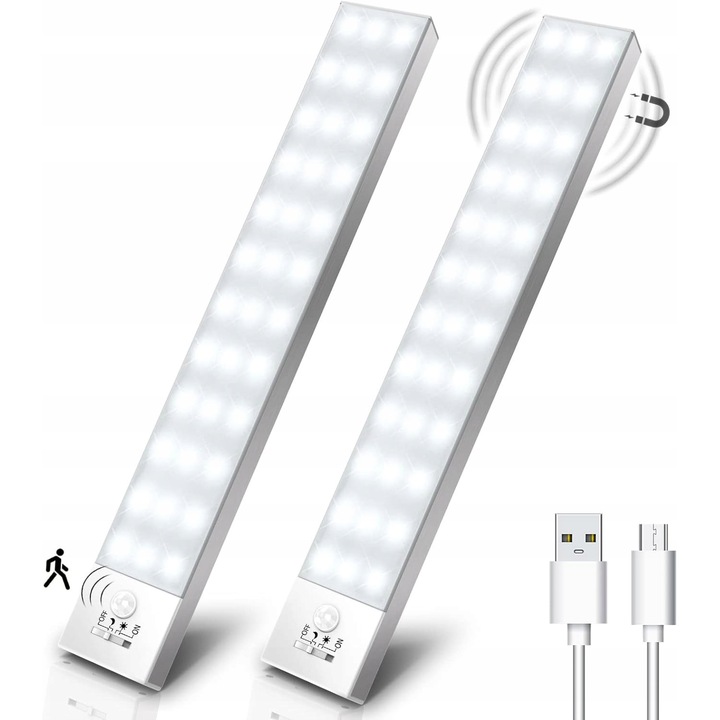 Lampa LED cu senzor de miscare Ouila, 36 LED-uri, incarcare USB, montare usoara, alba
