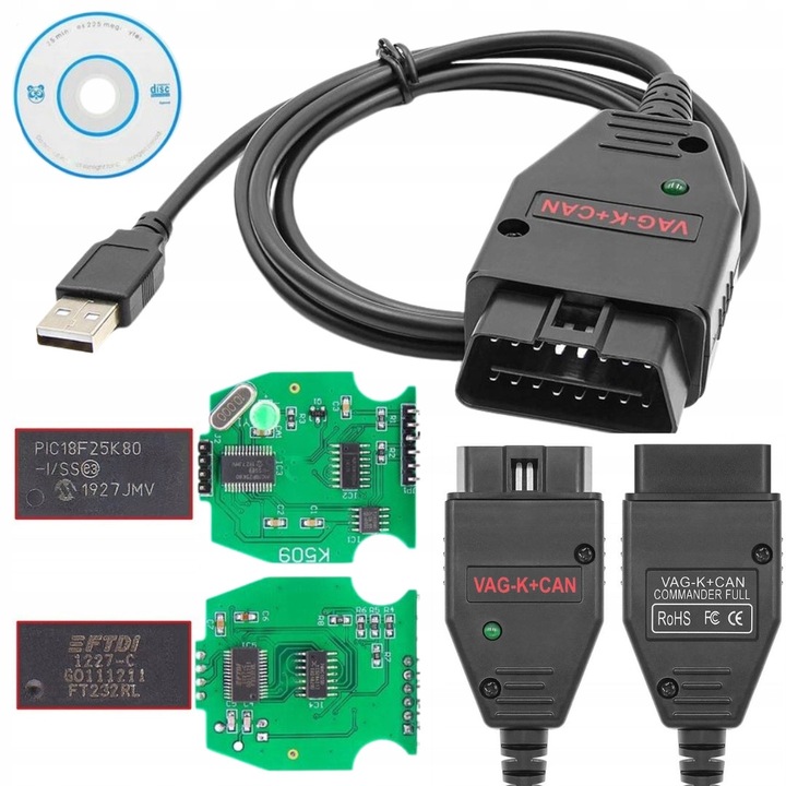 Интерфейс за диагностика VAG K+CAN COMMANDER 1.4, диагностични функции, четене на PIN, комплект